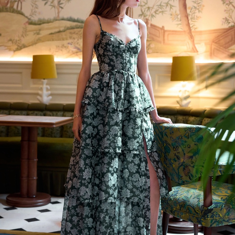 V Chapman Emerald Peony Print Caterina Dress Size 6 NWT